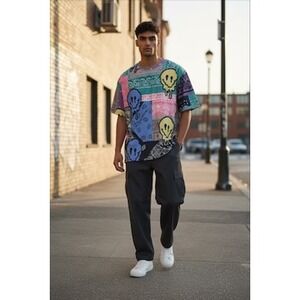 Reason NYC Patchwork Bandana Melting Smiley Tee XL NWT Streetwear Y2K Festival